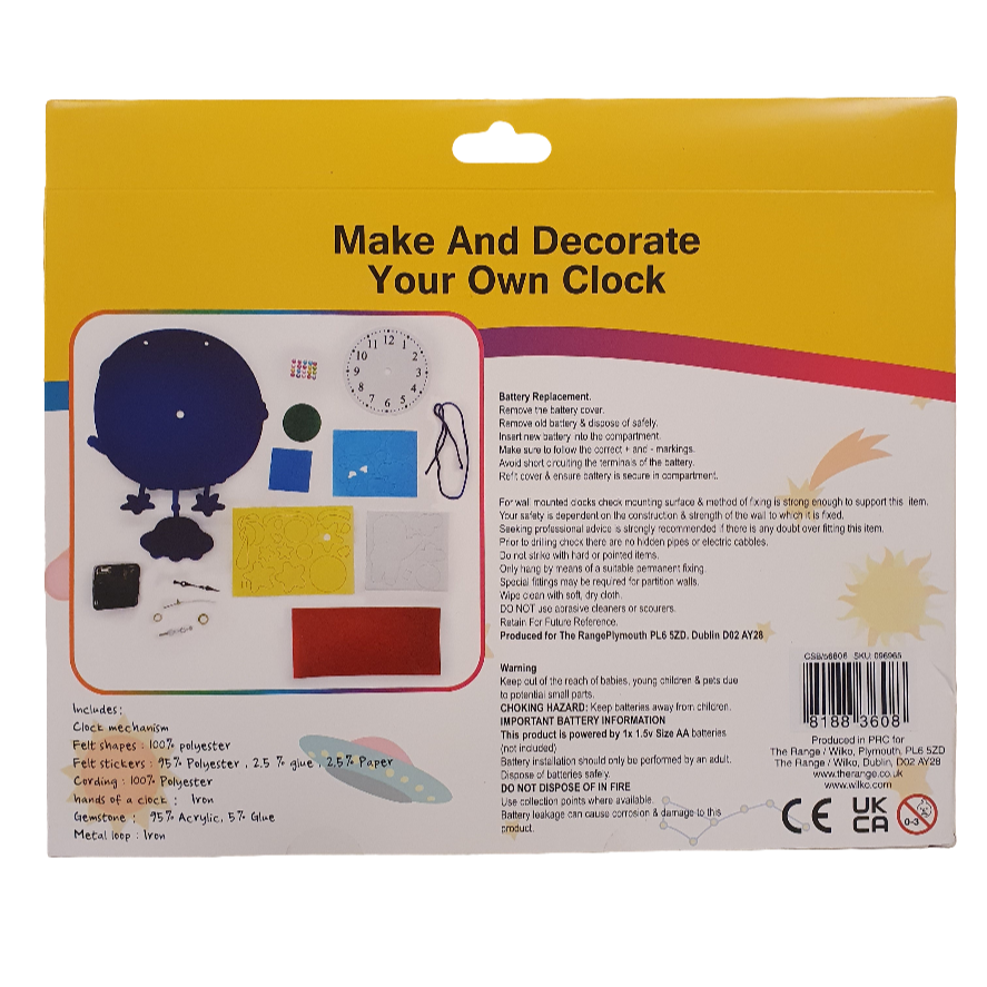Packaging for a craft kit to make and decorate your own clock, featuring various shapes and a yellow border.