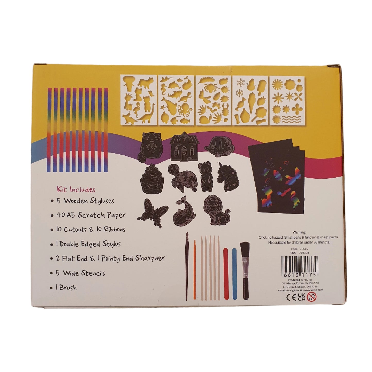 Back of a craft kit packaging with illustrations and text on a beige carpet.