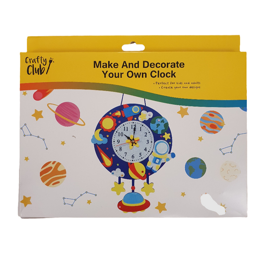 Packaging of 'Make and Decorate Your Own Clock' kit by Crafty Club with a colorful clock illustration on a white background.
